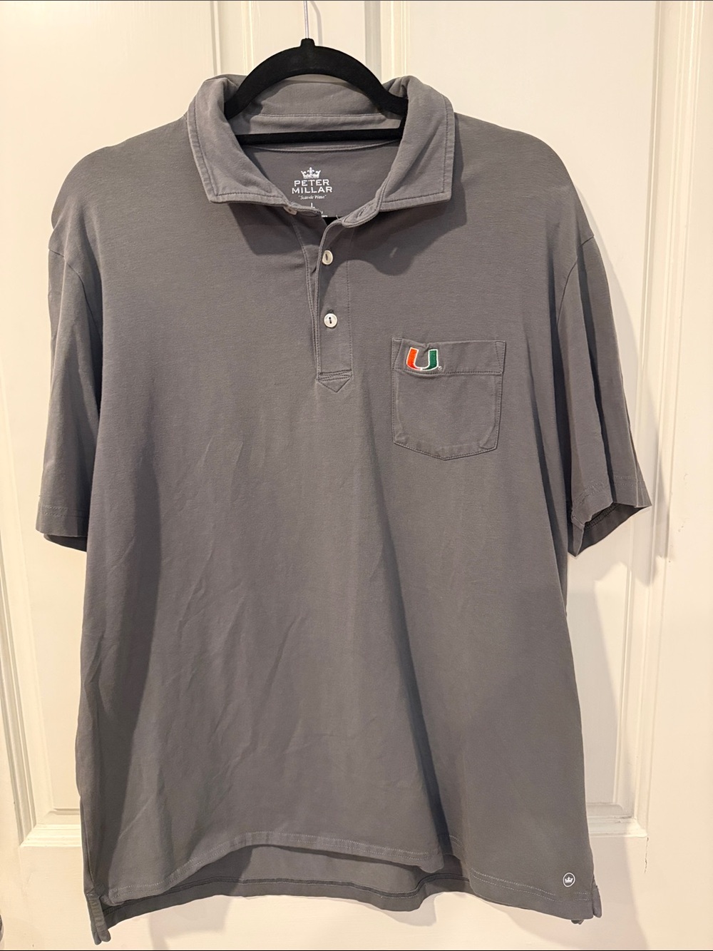 Peter Millar Gray Short-Sleeve Polo with Embroidered Orange & Green U Logo